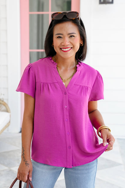 Solid Crinkled Short Sleeve V-Neck Button Up Blouse