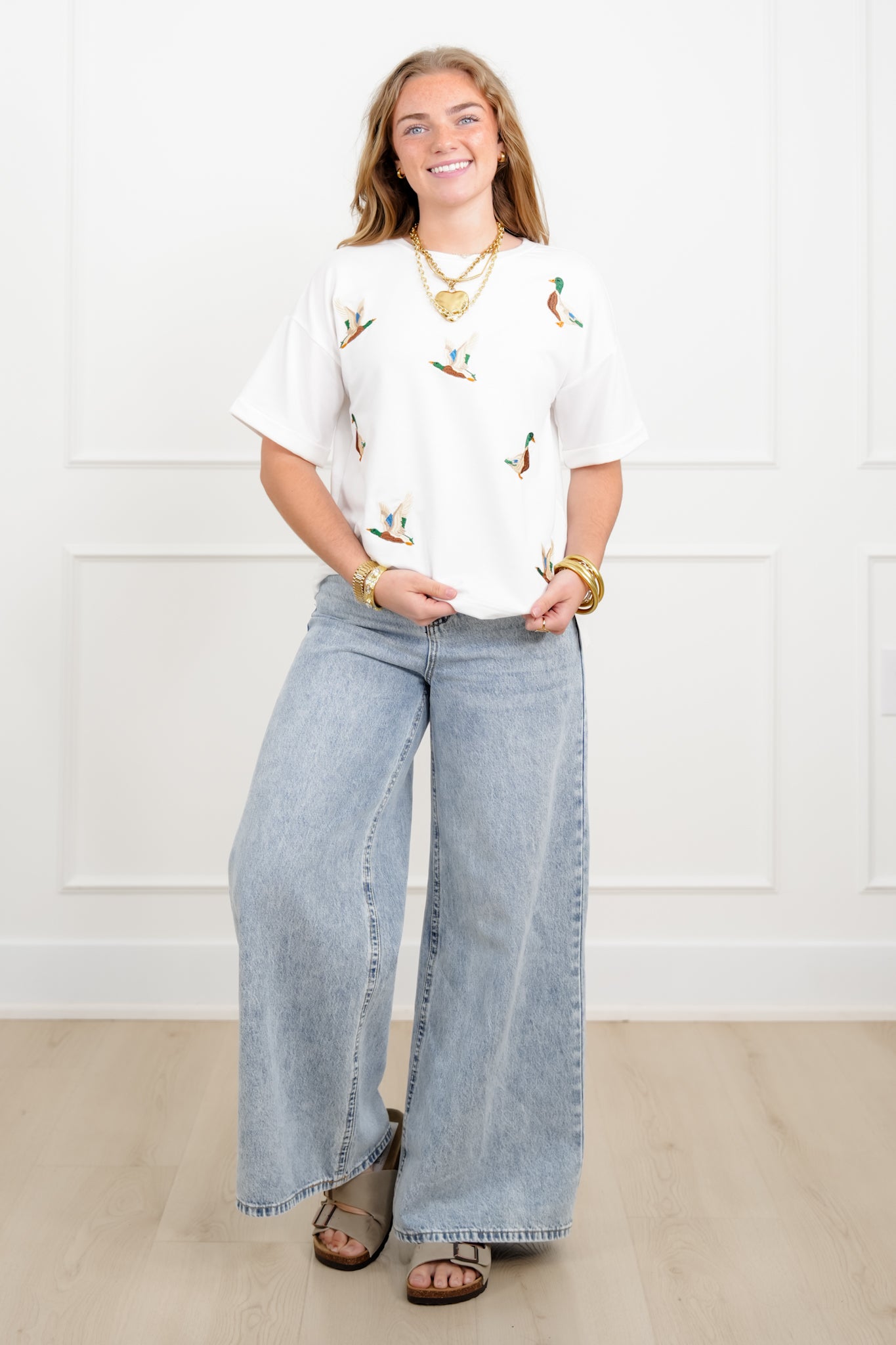 Embroidered Mallard Duck Short Sleeve Crew Neck Top