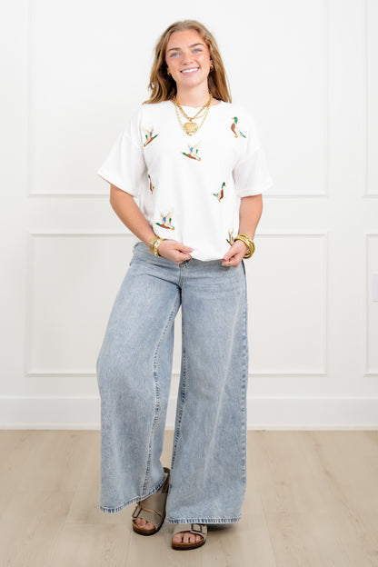 Embroidered Mallard Duck Short Sleeve Crew Neck Top