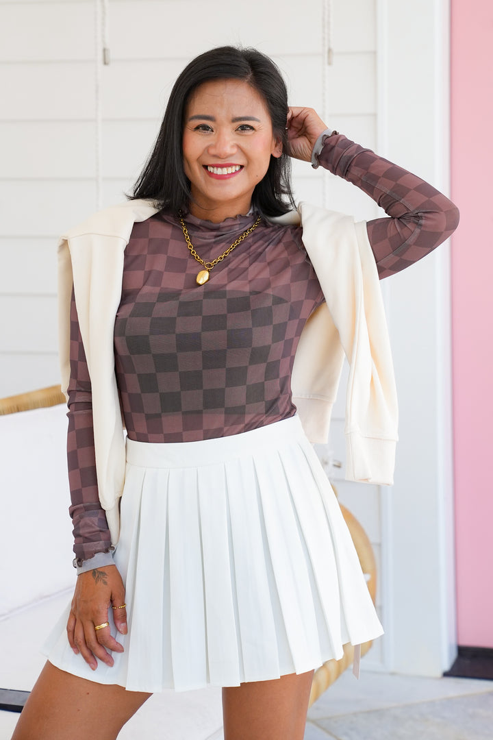 Plus/Reg Chocolate Checkered Long Sleeve Mesh Top