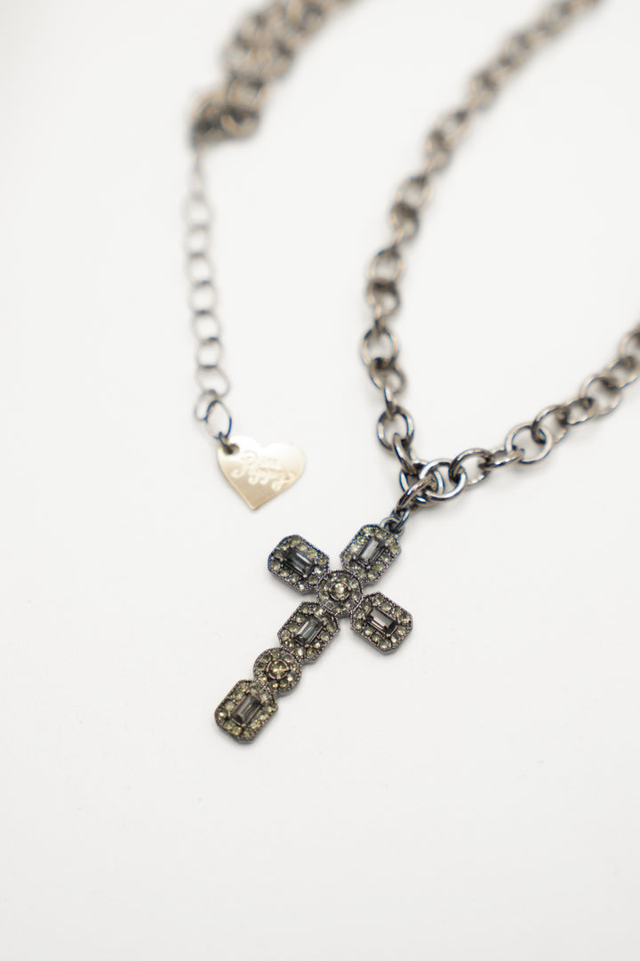 Love, Poppy Gunmetal Crystal Embedded Cross Necklace