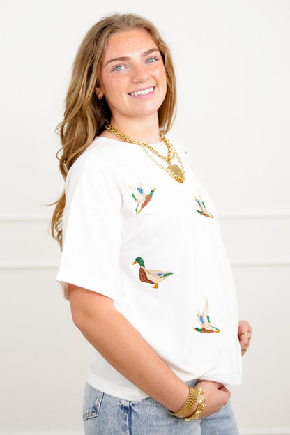 Embroidered Mallard Duck Short Sleeve Crew Neck Top