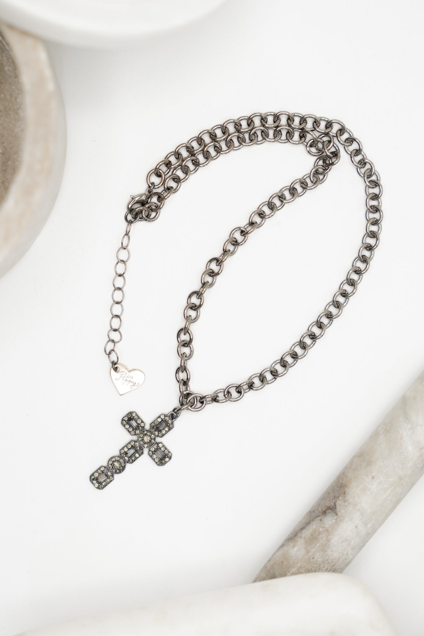 Love, Poppy Gunmetal Crystal Embedded Cross Necklace