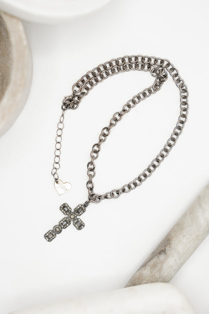 Love, Poppy Gunmetal Crystal Embedded Cross Necklace