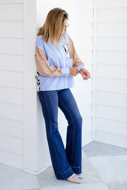 Plus/Reg Solid and Stripe Long Sleeve Button Down with Zebra Print Detail