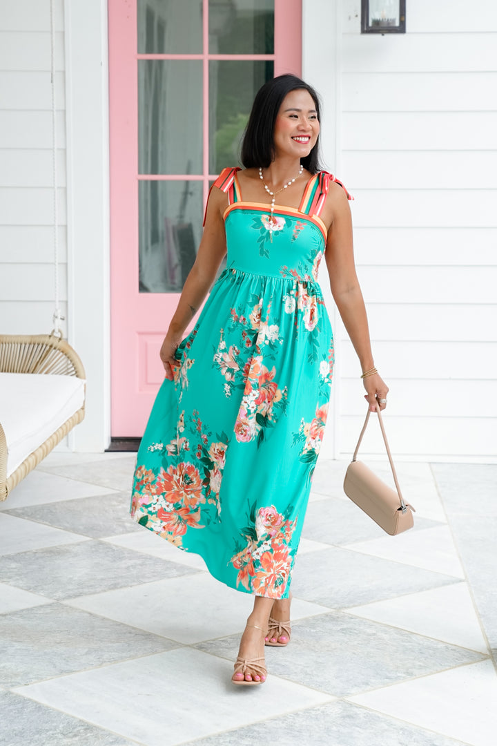 Plus/Reg Floral Print Sleeveless Midi Dress with Shoulder Tie