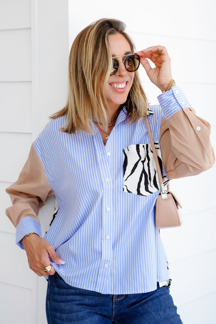 Plus/Reg Solid and Stripe Long Sleeve Button Down with Zebra Print Detail