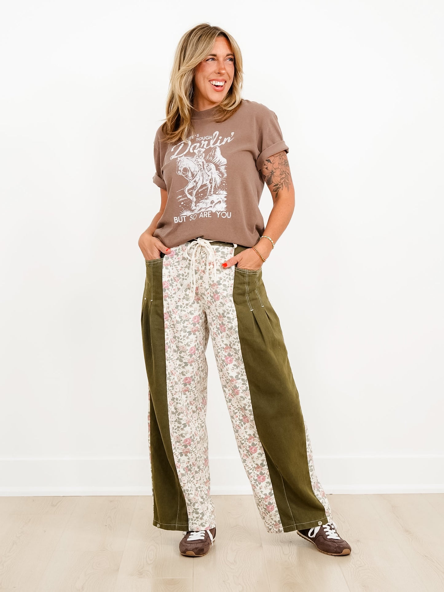 POL Floral Color Block Pants with Pleated Pockets