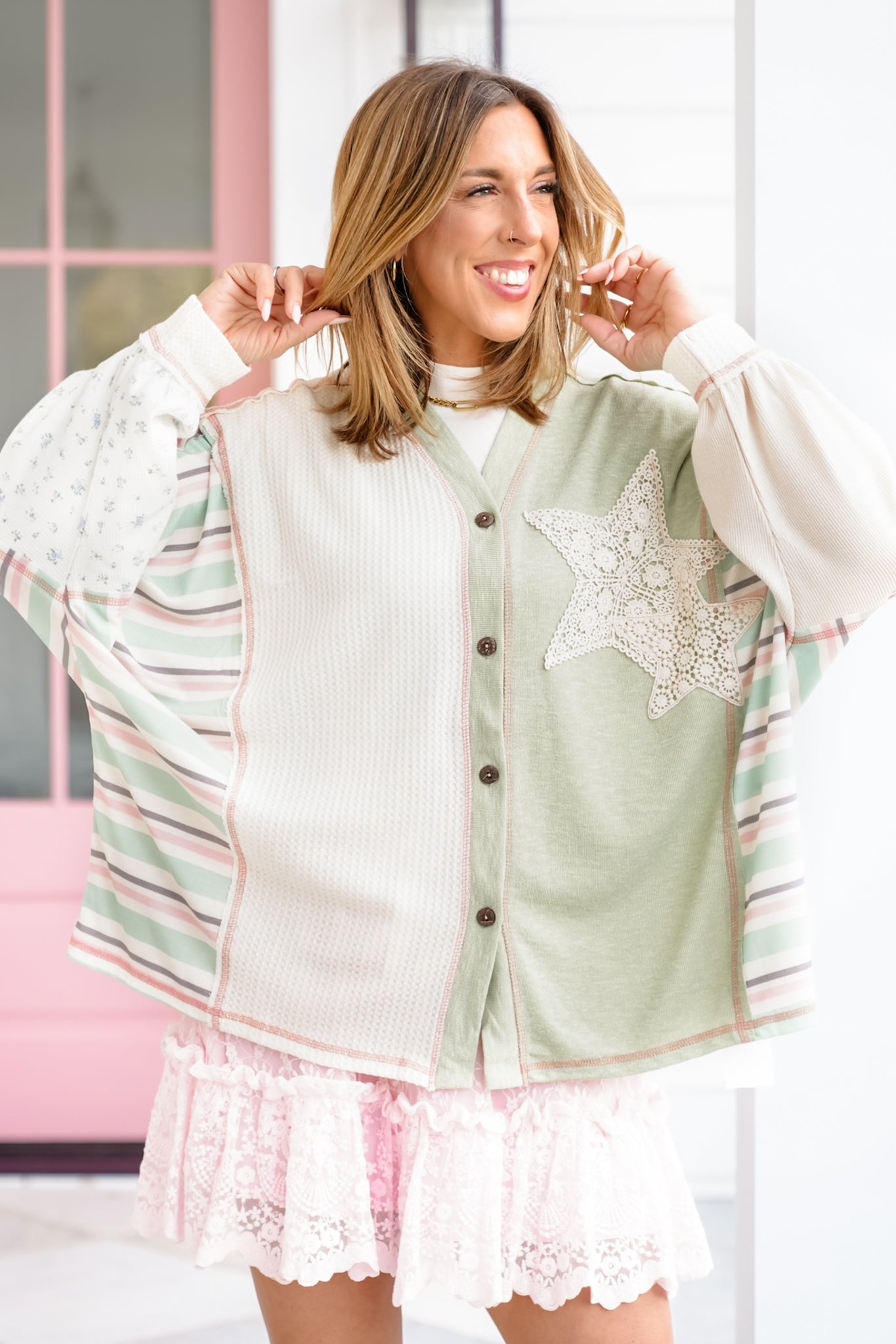 Contrast Long Sleeve Button Down Top with Star Patch