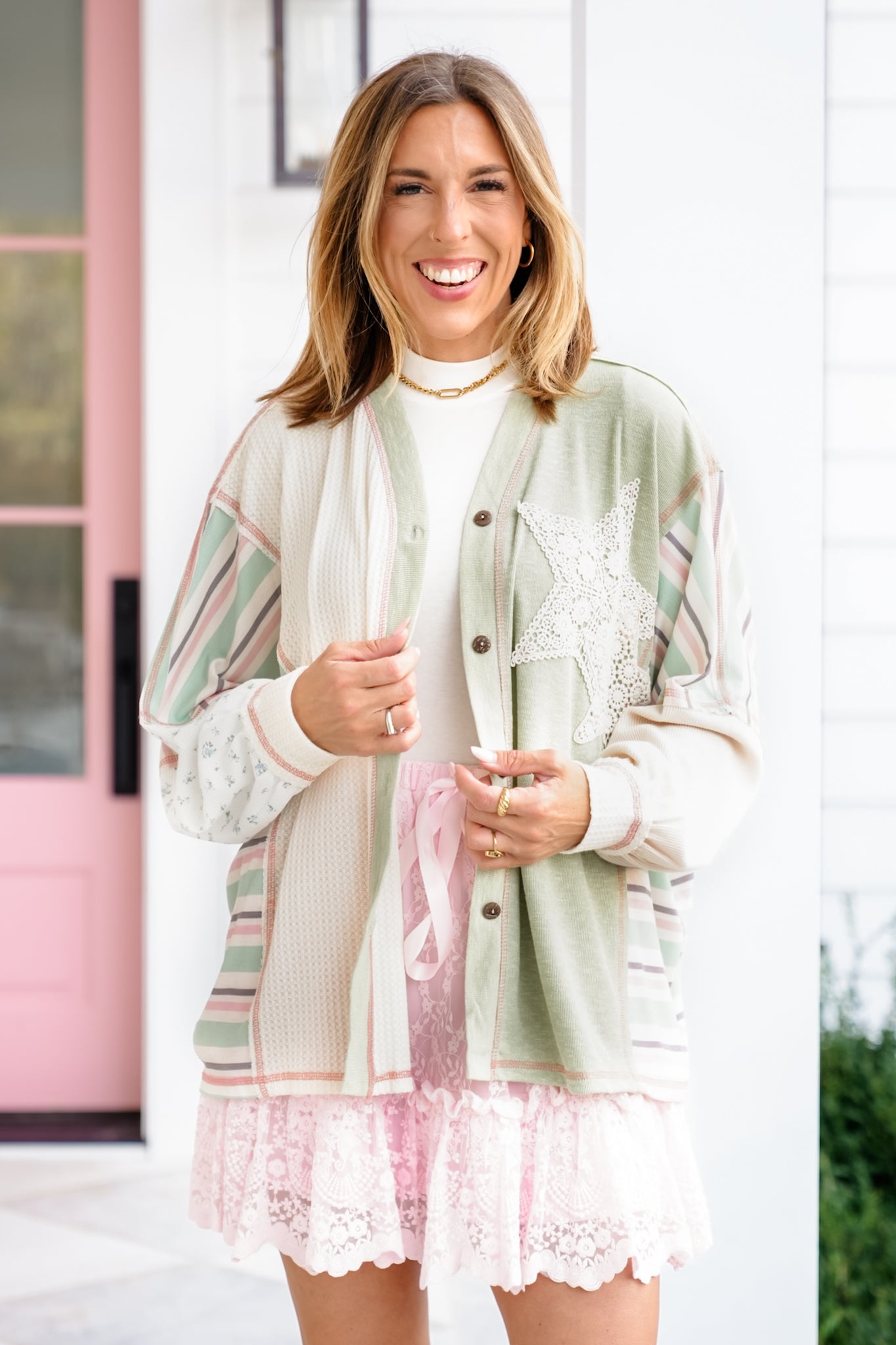 Contrast Long Sleeve Button Down Top with Star Patch