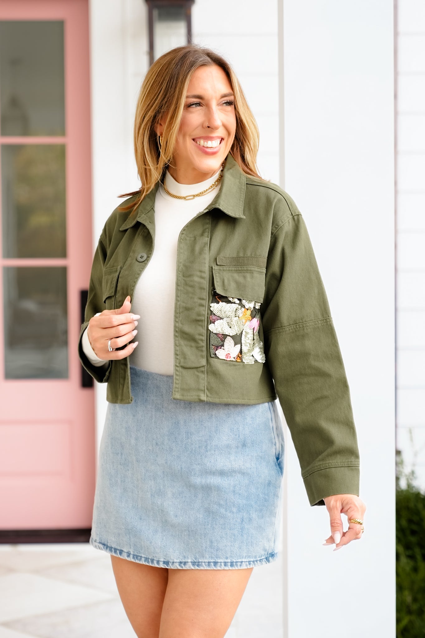 Olive Long Sleeve Button Up Canvas Jacket with Sequin