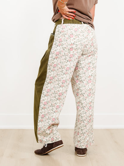 POL Floral Color Block Pants with Pleated Pockets