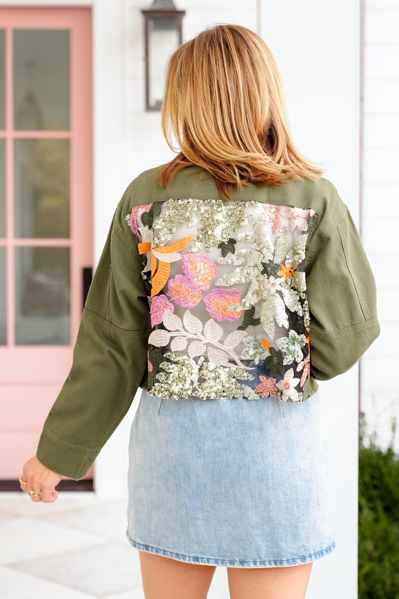 Olive Long Sleeve Button Up Canvas Jacket with Sequin