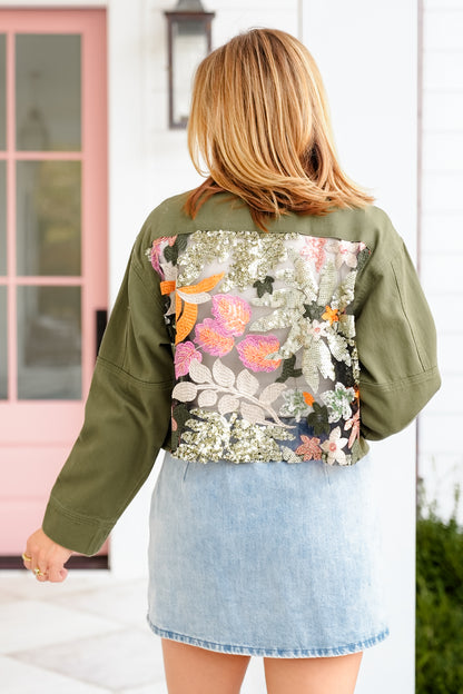 Olive Long Sleeve Button Up Canvas Jacket with Sequin