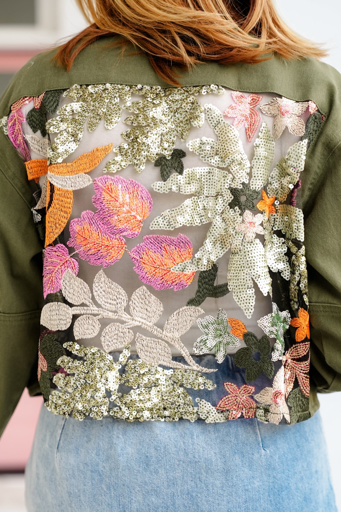 Olive Long Sleeve Button Up Canvas Jacket with Sequin