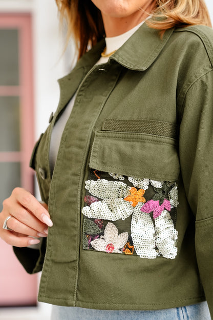 Olive Long Sleeve Button Up Canvas Jacket with Sequin
