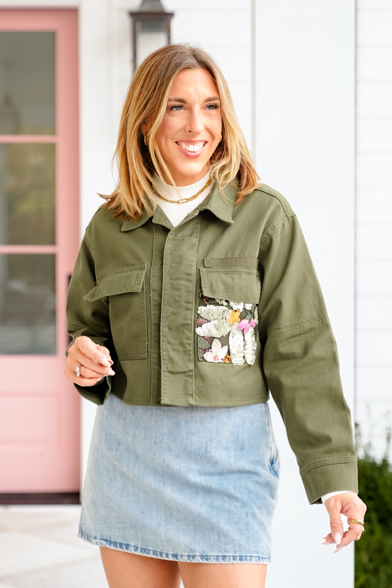 Olive Long Sleeve Button Up Canvas Jacket with Sequin