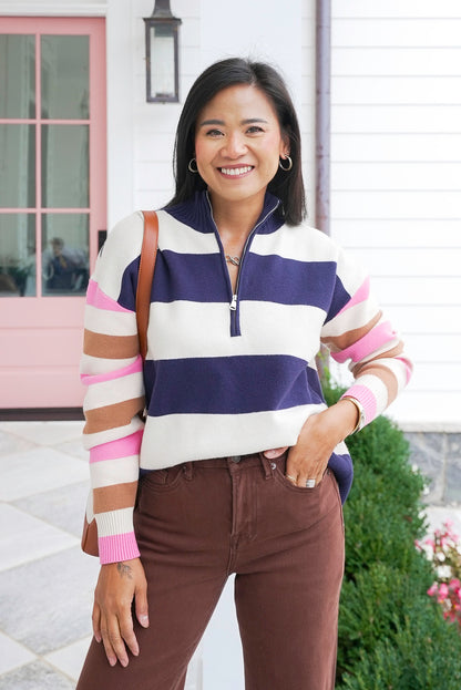 Plus/Reg Striped Long Sleeve 1/2 Zip Sweater
