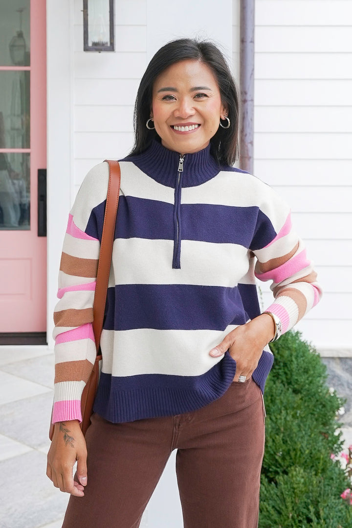 Plus/Reg Striped Long Sleeve 1/2 Zip Sweater