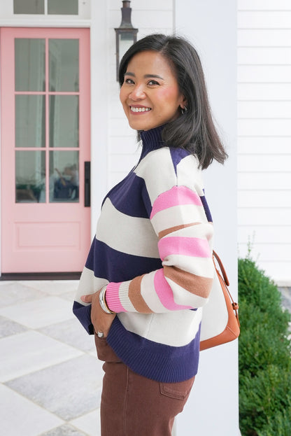 Plus/Reg Striped Long Sleeve 1/2 Zip Sweater
