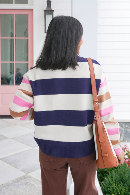 Plus/Reg Striped Long Sleeve 1/2 Zip Sweater