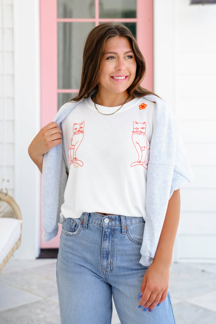 White Short Sleeve Cat Embroidered Top
