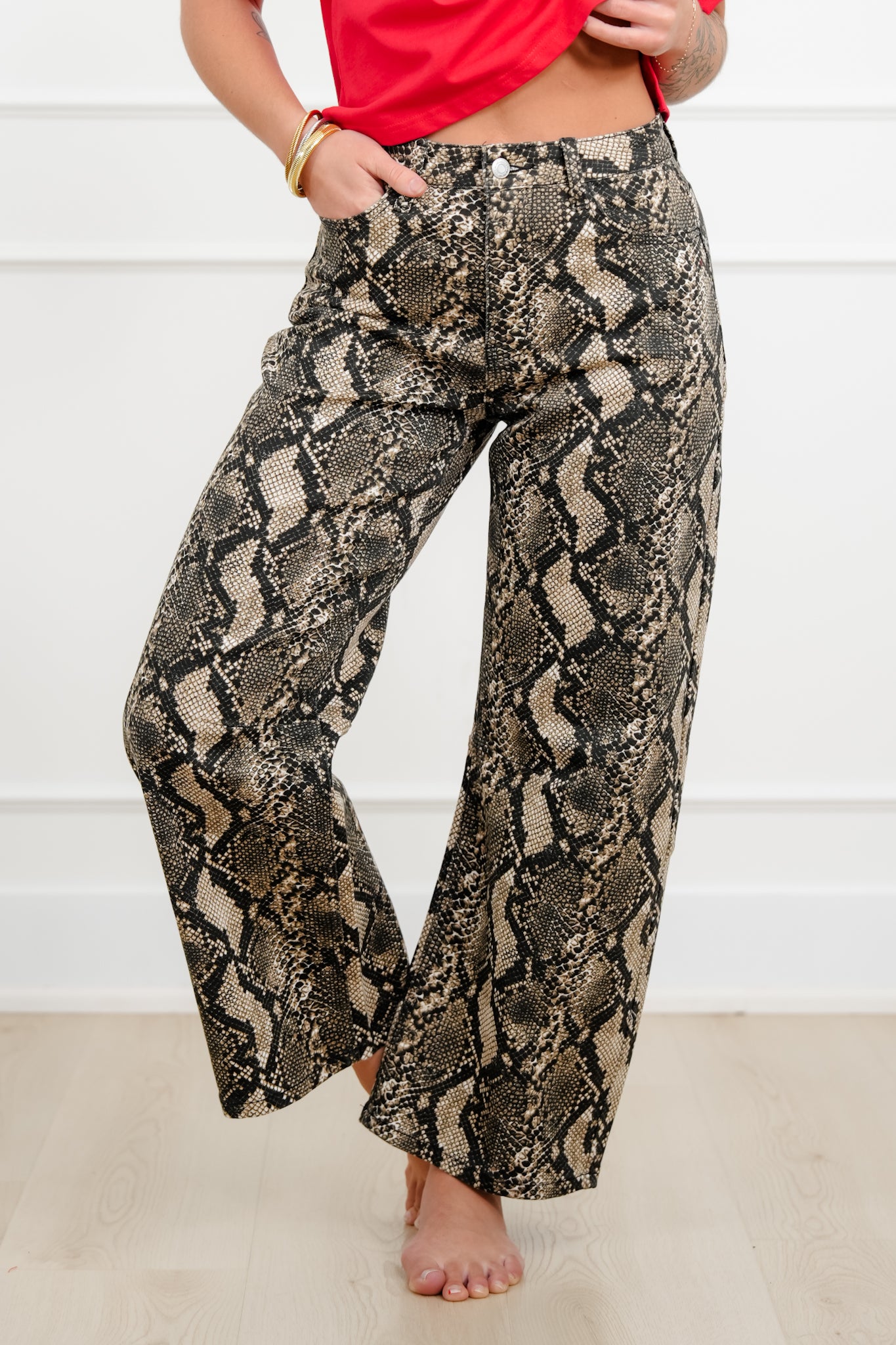 Snake Print Wide Leg Barrel Cropped Pants