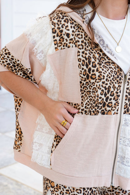 POL Leopard Print 3/4 Sleeve Zip Up Hoodie Top