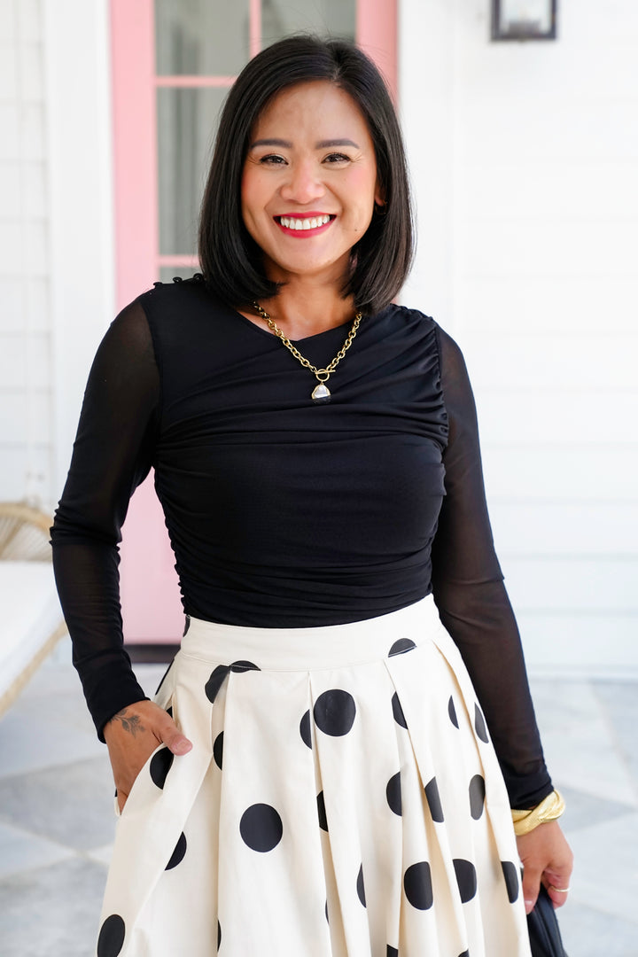 Plus/Reg Black Long Sleeve Top with Ruching Detail