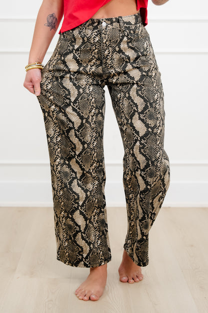 Snake Print Wide Leg Barrel Cropped Pants