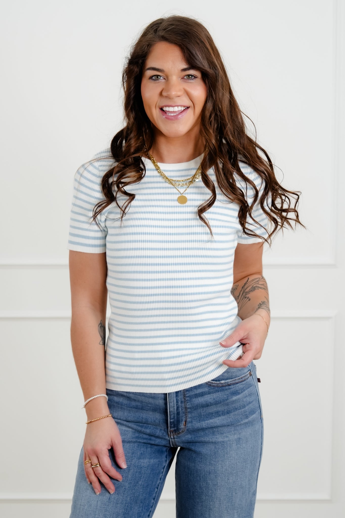 Stripe Ribbed Short Sleeve Round Neck Top