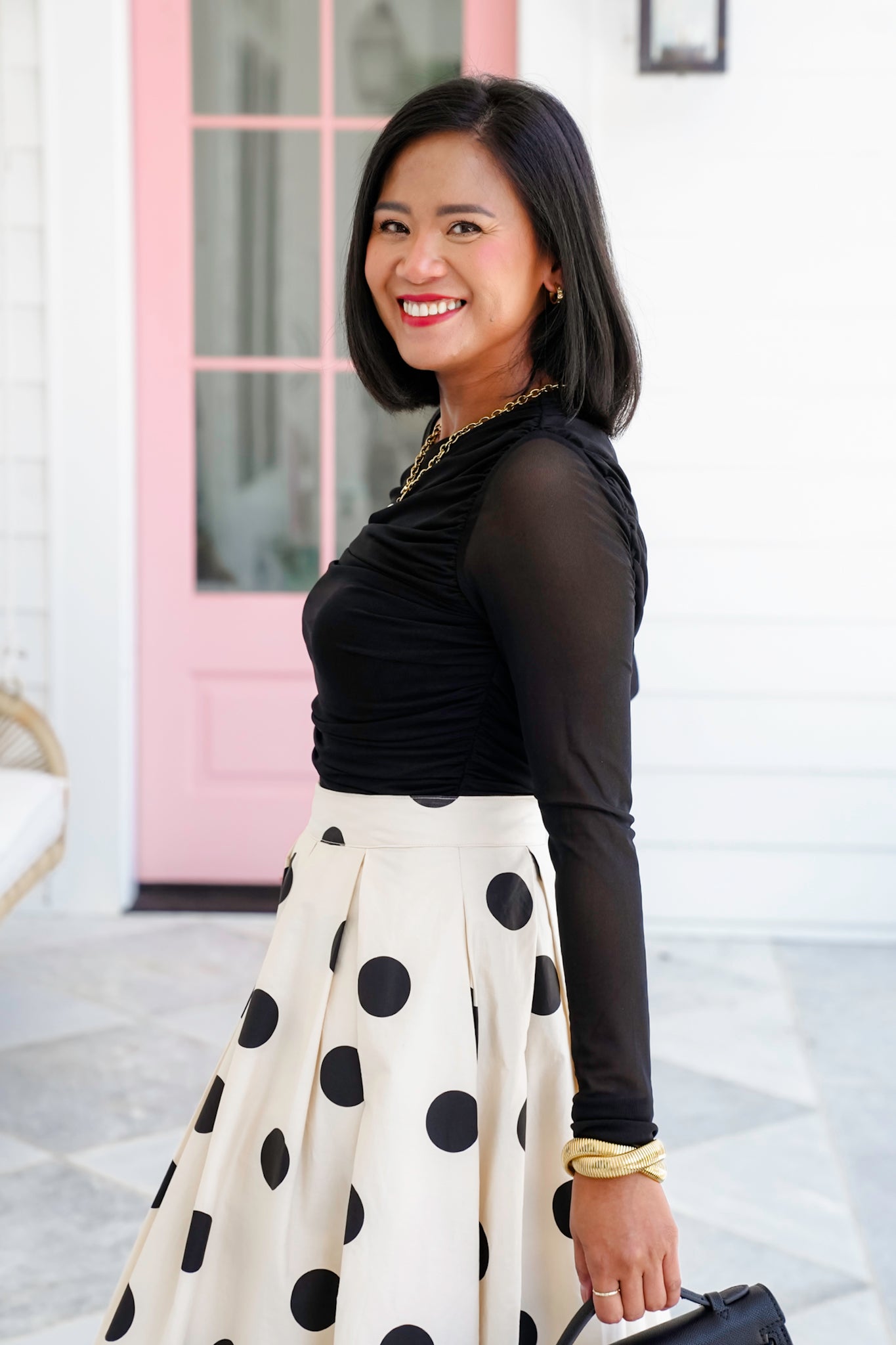 Plus/Reg Black Long Sleeve Top with Ruching Detail