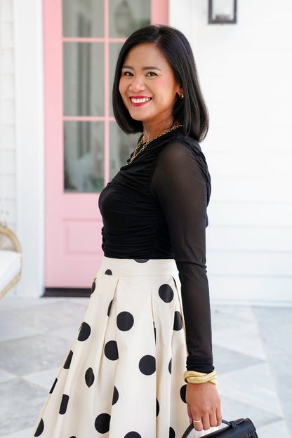 Plus/Reg Black Long Sleeve Top with Ruching Detail