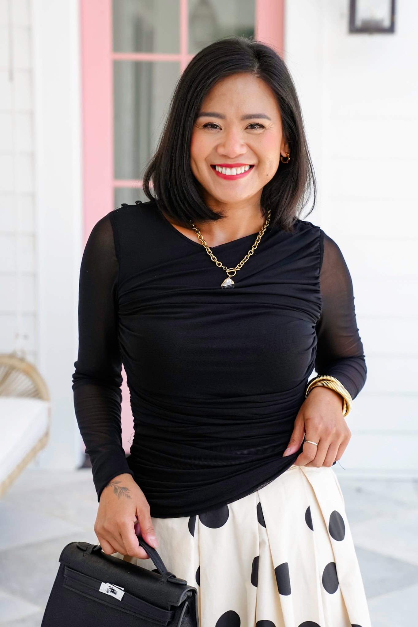 Plus/Reg Black Long Sleeve Top with Ruching Detail