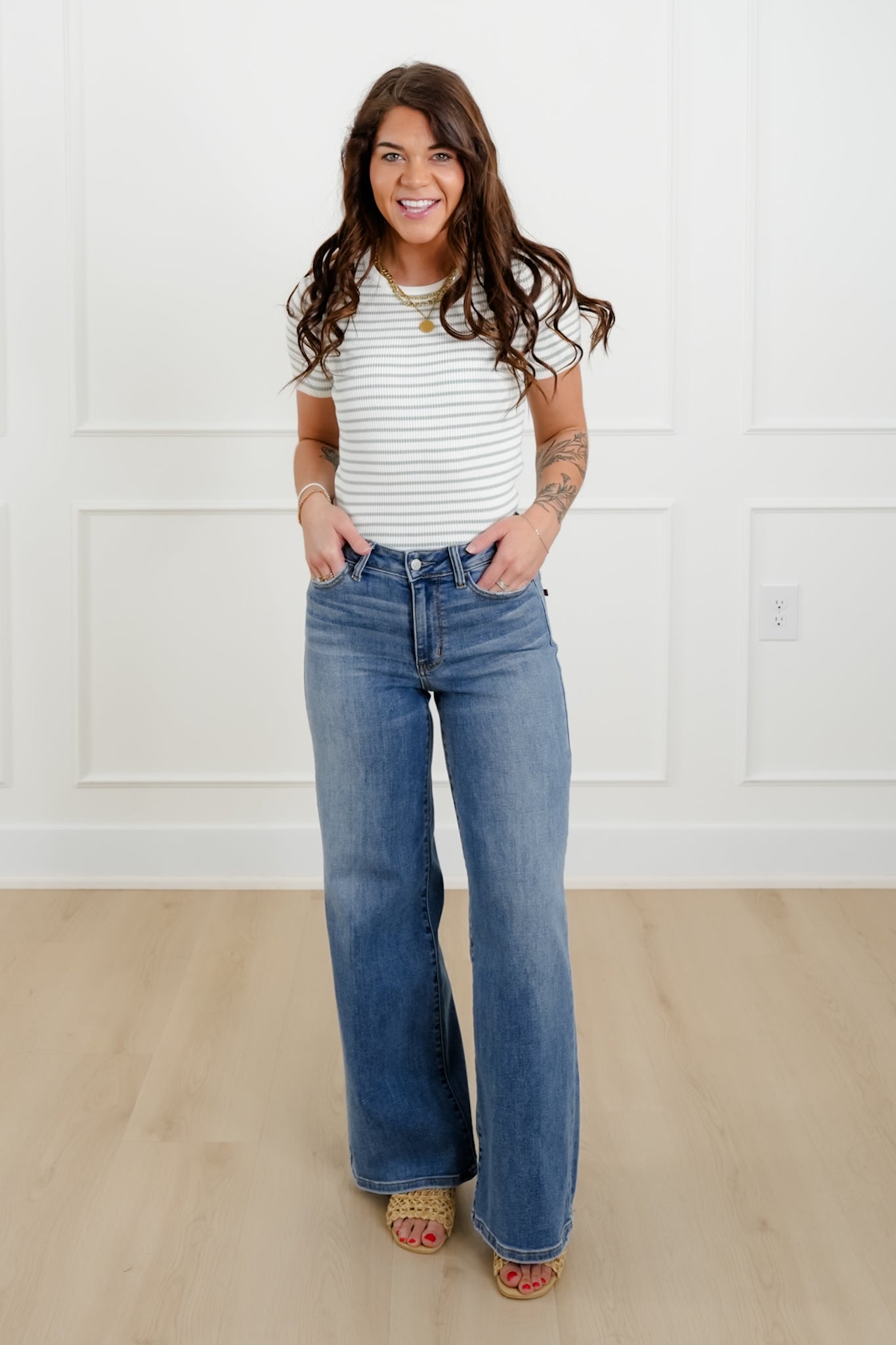Stripe Ribbed Short Sleeve Round Neck Top