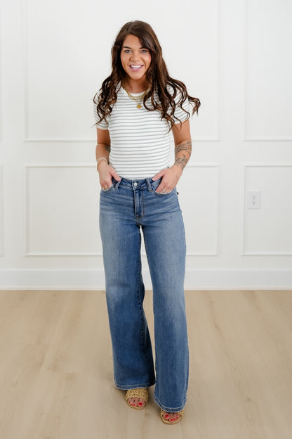 Stripe Ribbed Short Sleeve Round Neck Top