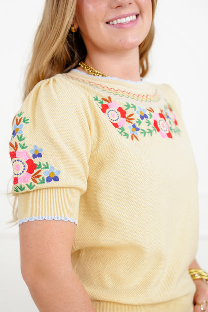 Floral Embroidered 3/4 Sleeve Sweater Top