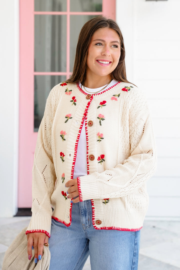 Long Sleeve Button Down Cardigan with Floral Embroidery Detail