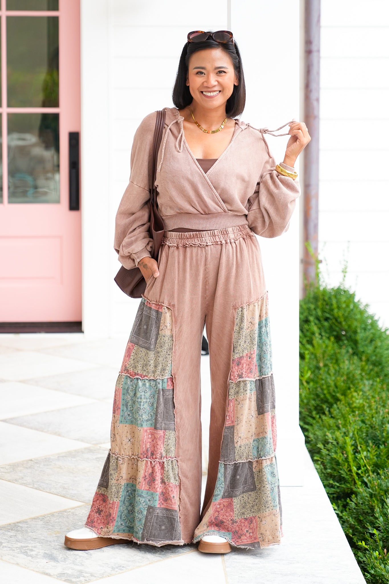 Mineral Wash Elastic Waist Pant with Patchwork