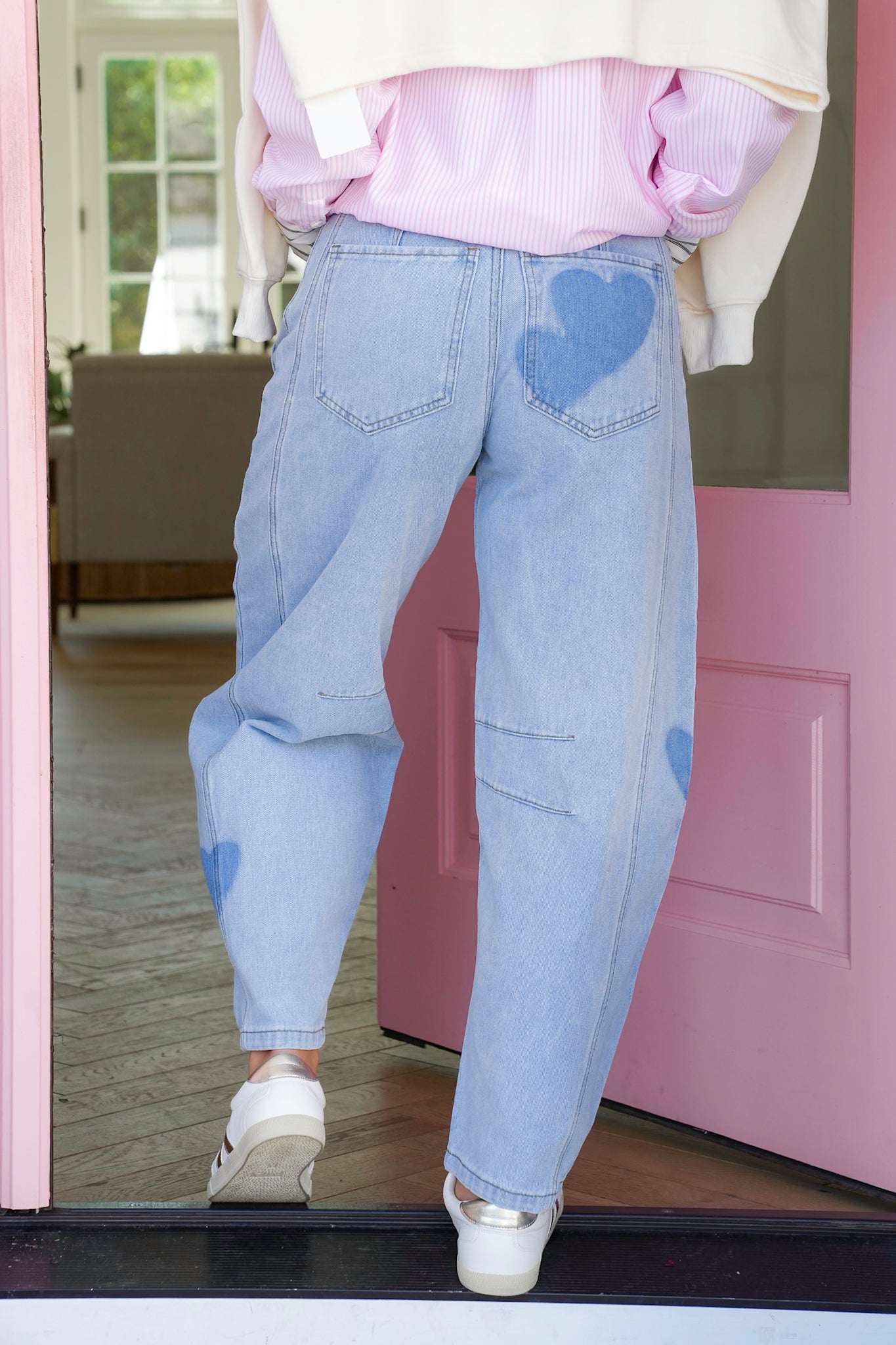 Light Wash Barrel Jeans with Hearts