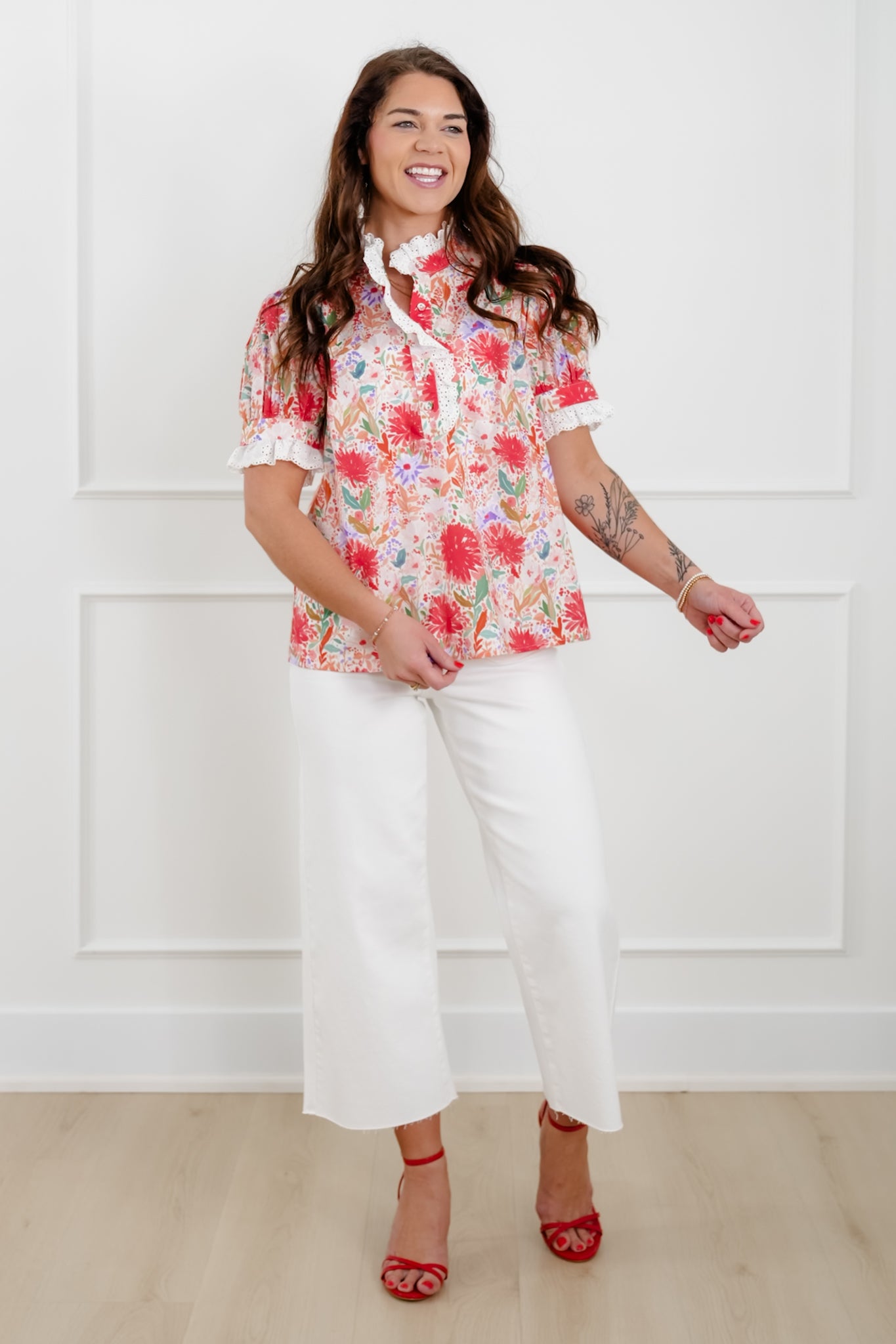 Floral Print Short Sleeve Half Button Up Top