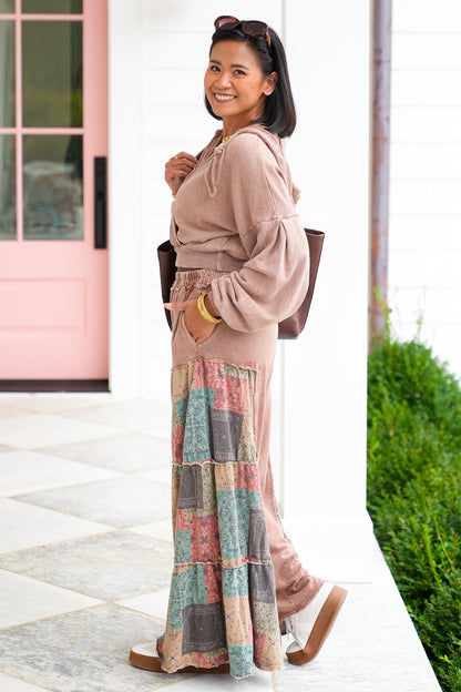 Mineral Wash Elastic Waist Pant with Patchwork