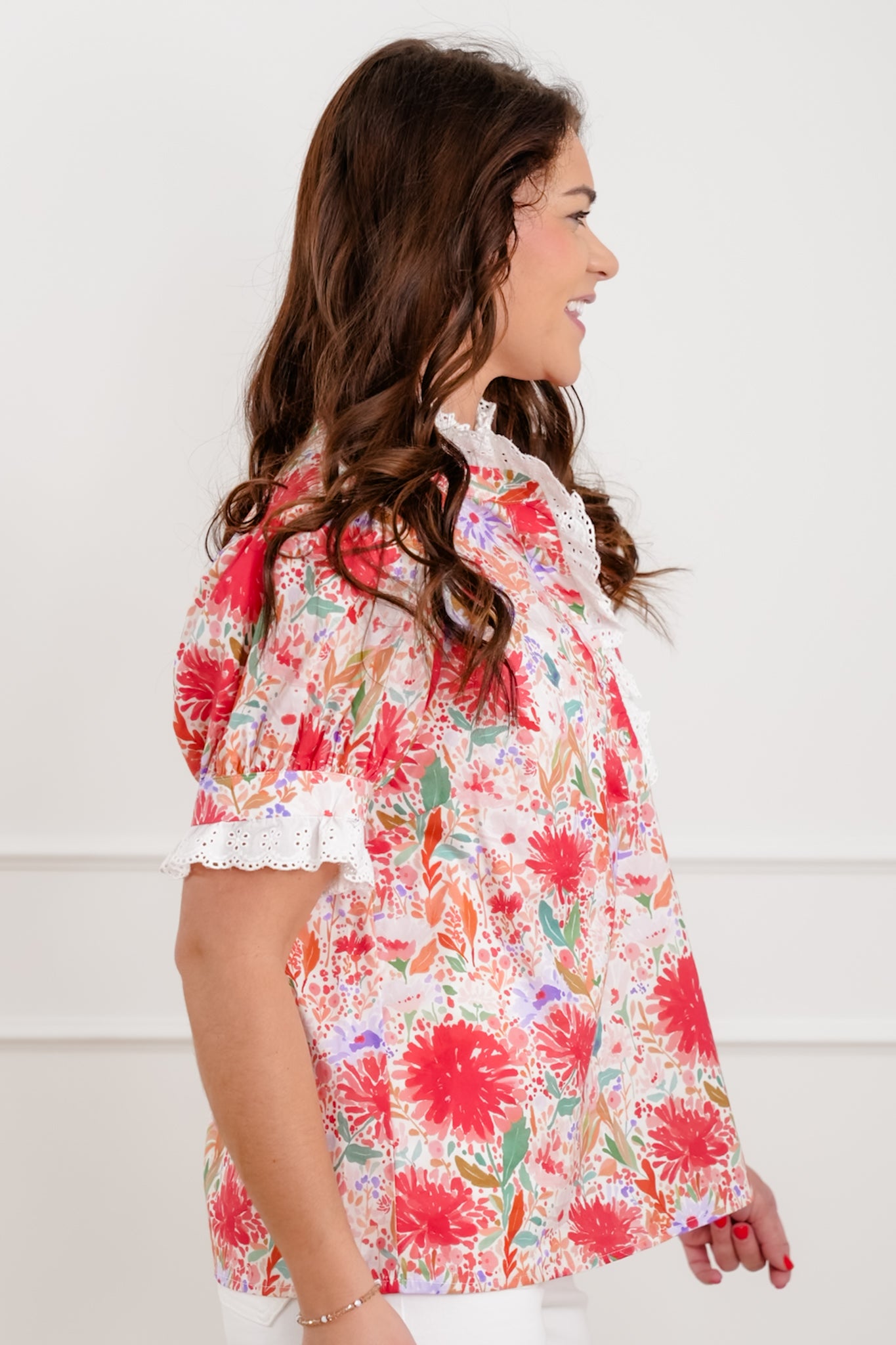 Floral Print Short Sleeve Half Button Up Top