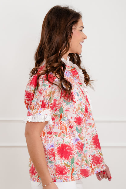 Floral Print Short Sleeve Half Button Up Top