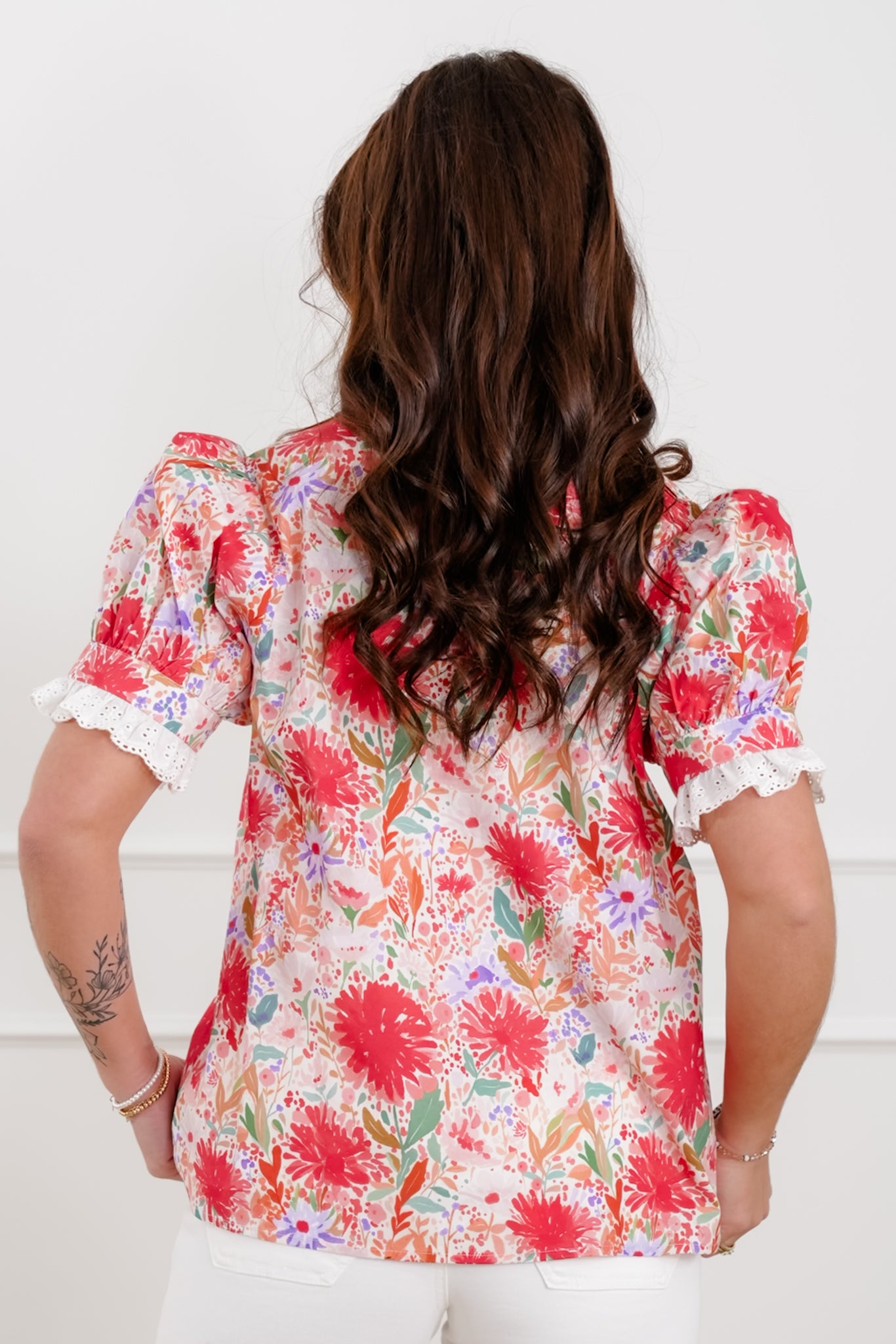 Floral Print Short Sleeve Half Button Up Top