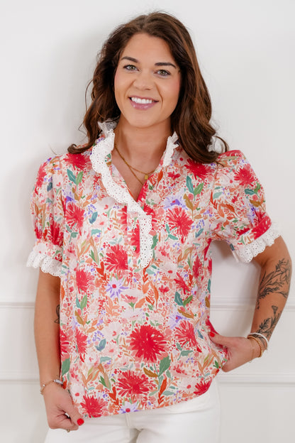 Floral Print Short Sleeve Half Button Up Top