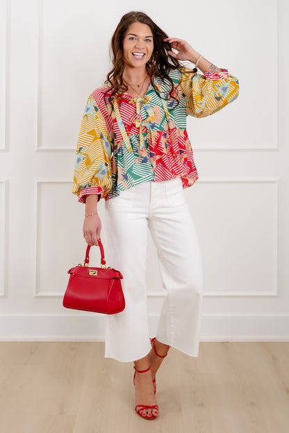 Floral Color Block 3/4 Sleeve Top with Front Bow Tie