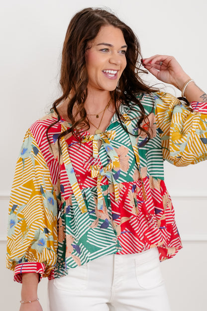 Floral Color Block 3/4 Sleeve Top with Front Bow Tie