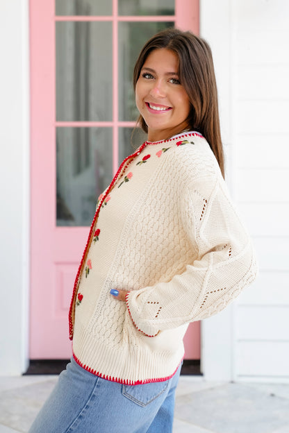 Long Sleeve Button Down Cardigan with Floral Embroidery Detail