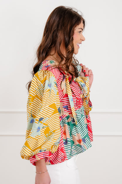 Floral Color Block 3/4 Sleeve Top with Front Bow Tie